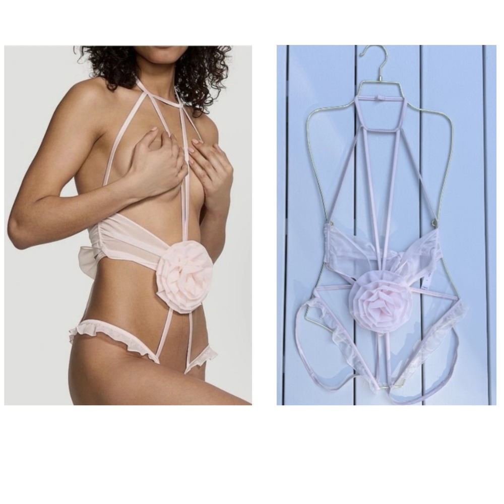 Victorias Secret Very Sexy Chiffon Rosette Open-Cup Crotchless Soft Pink Teddy S
